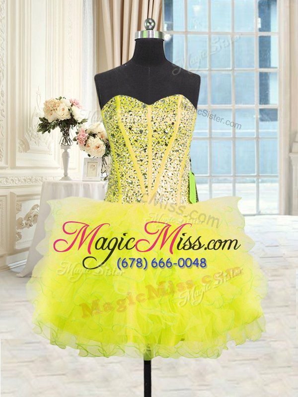 wholesale three piece yellow tulle lace up quinceanera gown sleeveless floor length beading and ruffles