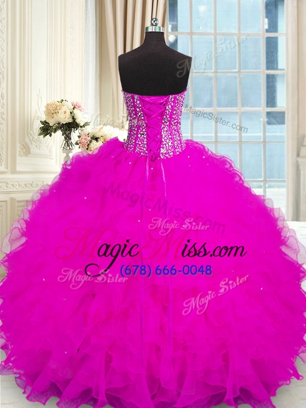 wholesale clearance ball gowns quinceanera dresses fuchsia strapless organza sleeveless floor length lace up