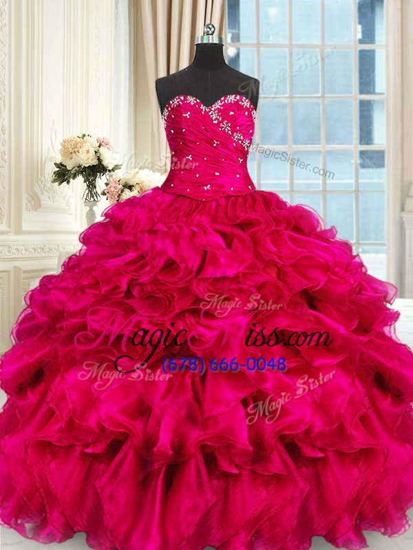 wholesale cute floor length lace up sweet 16 dress hot pink and in for military ball and sweet 16 and quinceanera with beading and ruffles