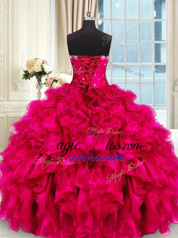 wholesale cute floor length lace up sweet 16 dress hot pink and in for military ball and sweet 16 and quinceanera with beading and ruffles