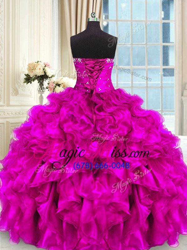 wholesale gorgeous fuchsia sleeveless high low beading and ruffles lace up quince ball gowns