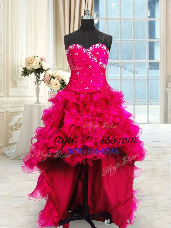 wholesale latest four piece sweetheart sleeveless vestidos de quinceanera floor length beading and ruffles and ruching hot pink organza