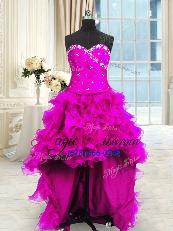 wholesale admirable four piece floor length lace up 15 quinceanera dress fuchsia and in for military ball and sweet 16 and quinceanera with beading and ruffles and ruching