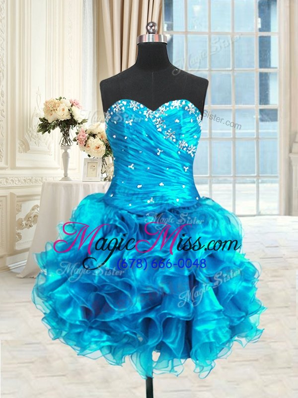 wholesale luxury four piece beading and ruffles and ruching ball gown prom dress blue lace up sleeveless floor length