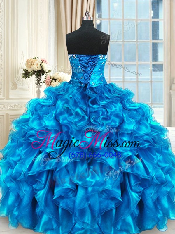 wholesale luxury four piece beading and ruffles and ruching ball gown prom dress blue lace up sleeveless floor length