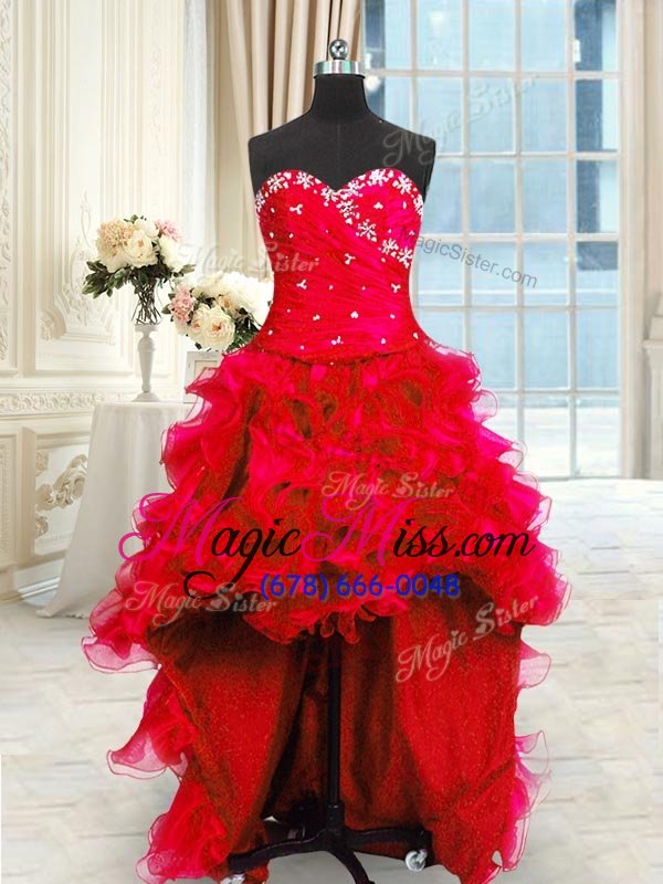 wholesale four piece beading and ruffles and ruching quinceanera dress red lace up sleeveless floor length