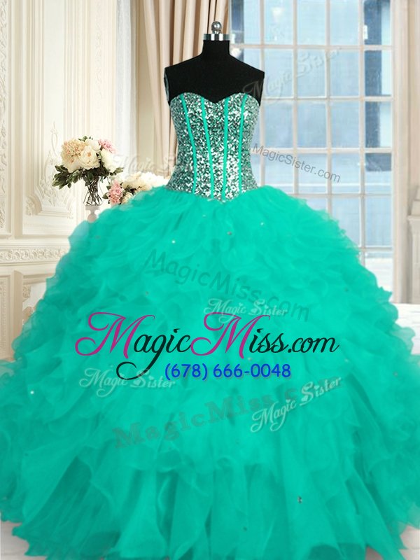 wholesale glittering sleeveless floor length beading and ruffles lace up sweet 16 dresses with aqua blue