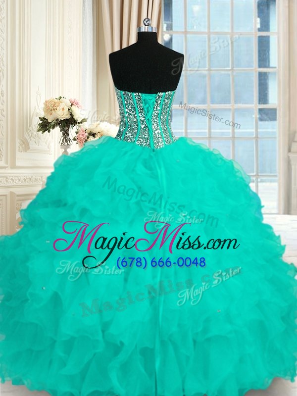 wholesale glittering sleeveless floor length beading and ruffles lace up sweet 16 dresses with aqua blue