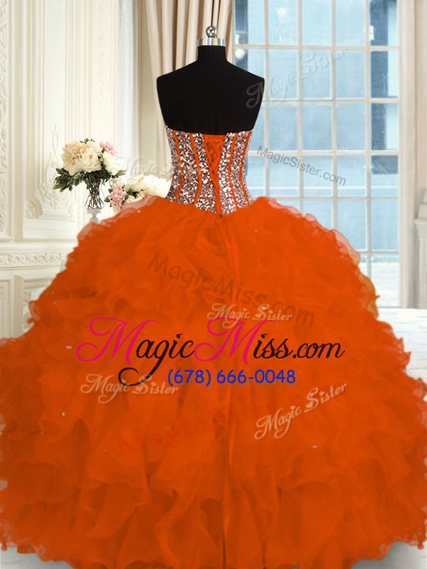wholesale trendy floor length lace up sweet 16 dress orange red and in for military ball and sweet 16 and quinceanera with beading and ruffles