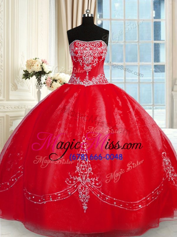 wholesale glamorous red strapless lace up beading and embroidery sweet 16 dress sleeveless
