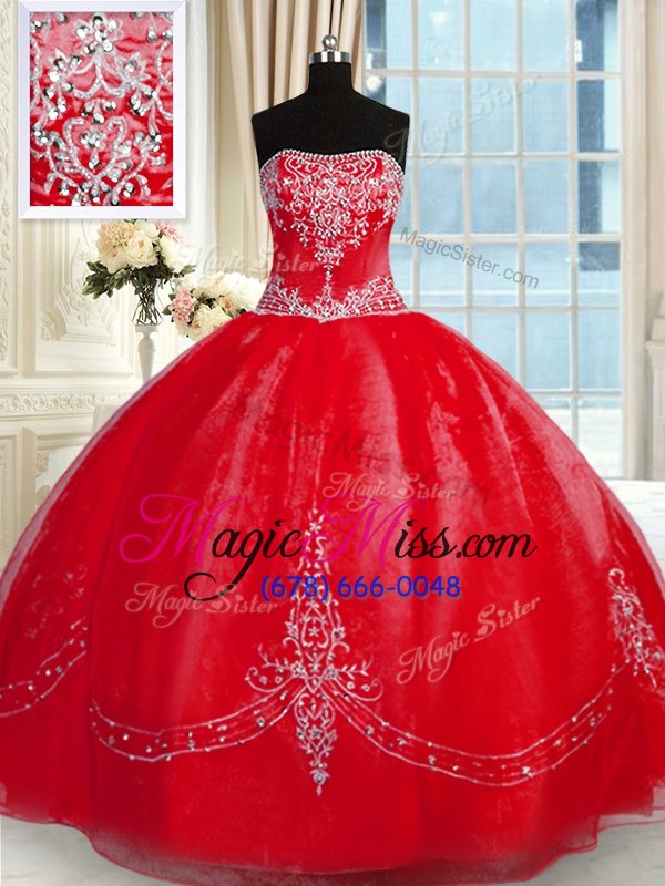 wholesale glamorous red strapless lace up beading and embroidery sweet 16 dress sleeveless