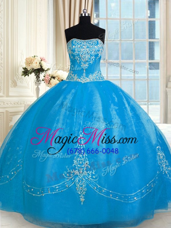 wholesale affordable baby blue ball gowns tulle strapless sleeveless embroidery floor length lace up quinceanera gowns