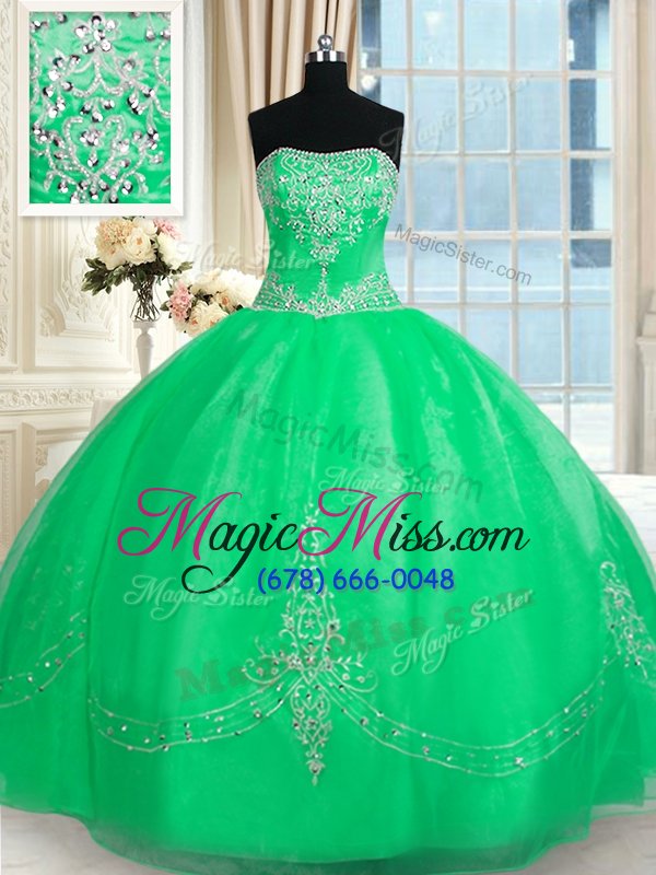 wholesale dramatic apple green tulle lace up sweet 16 dress sleeveless floor length beading and embroidery