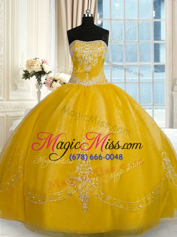 wholesale inexpensive yellow ball gowns beading and embroidery quinceanera gowns lace up organza sleeveless floor length