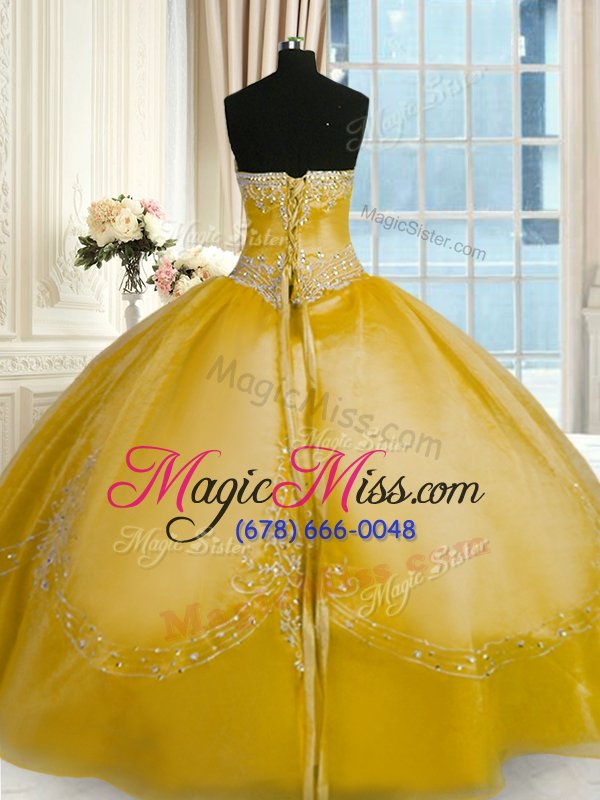 wholesale inexpensive yellow ball gowns beading and embroidery quinceanera gowns lace up organza sleeveless floor length