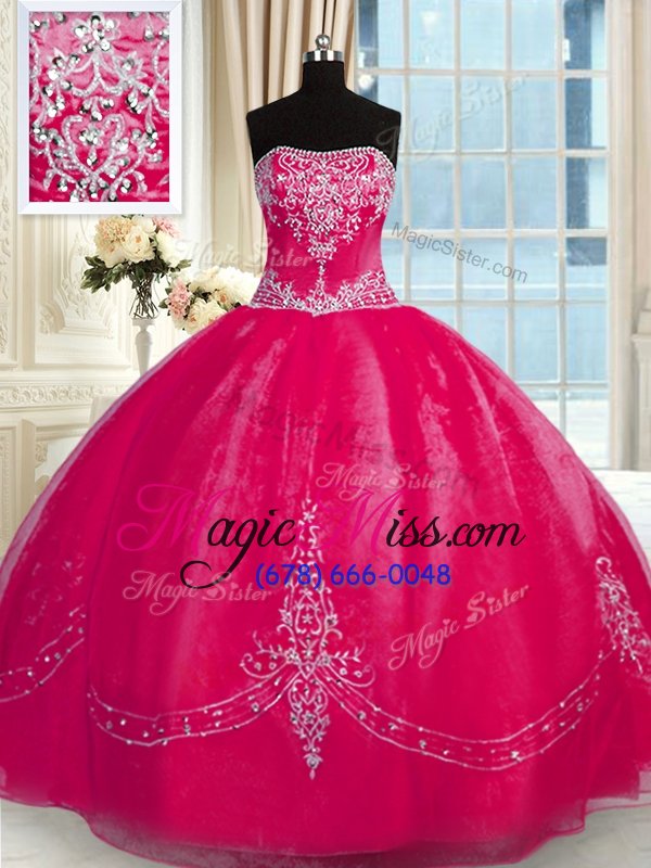 wholesale noble floor length fuchsia quinceanera gowns strapless sleeveless lace up