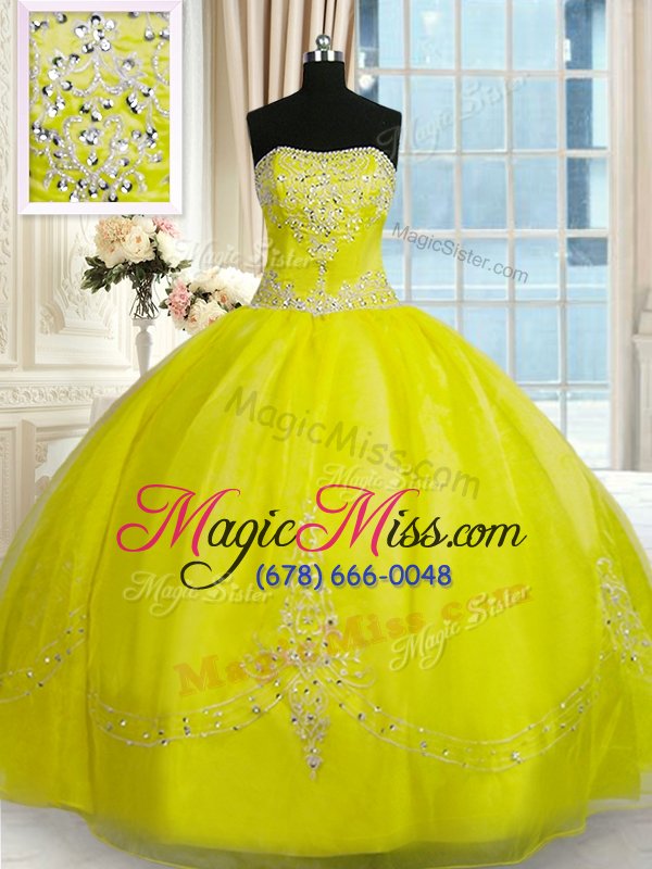 wholesale sleeveless organza floor length lace up 15th birthday dress in yellow green for with beading and embroidery