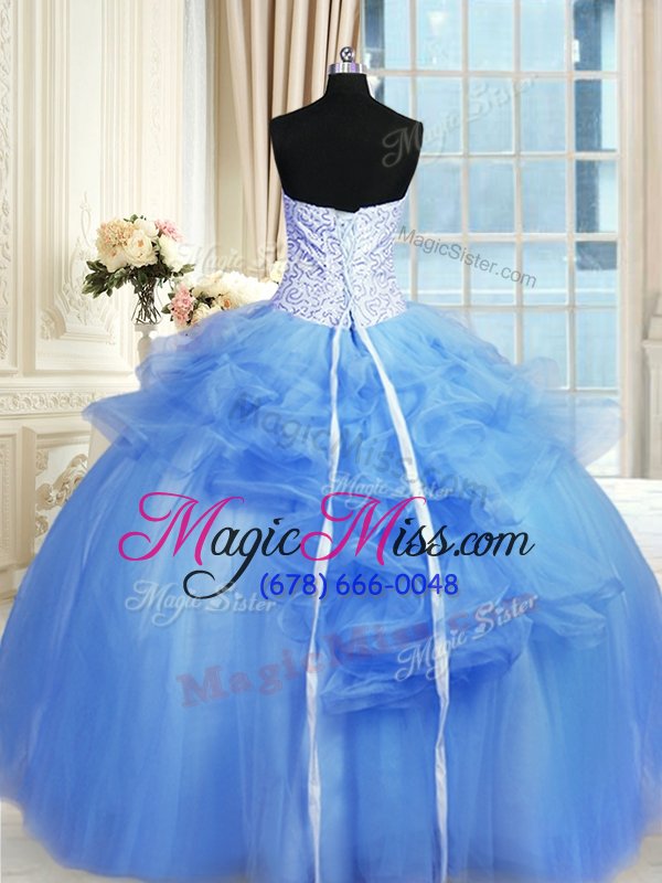 wholesale edgy blue lace up strapless pick ups and hand made flower quince ball gowns tulle sleeveless