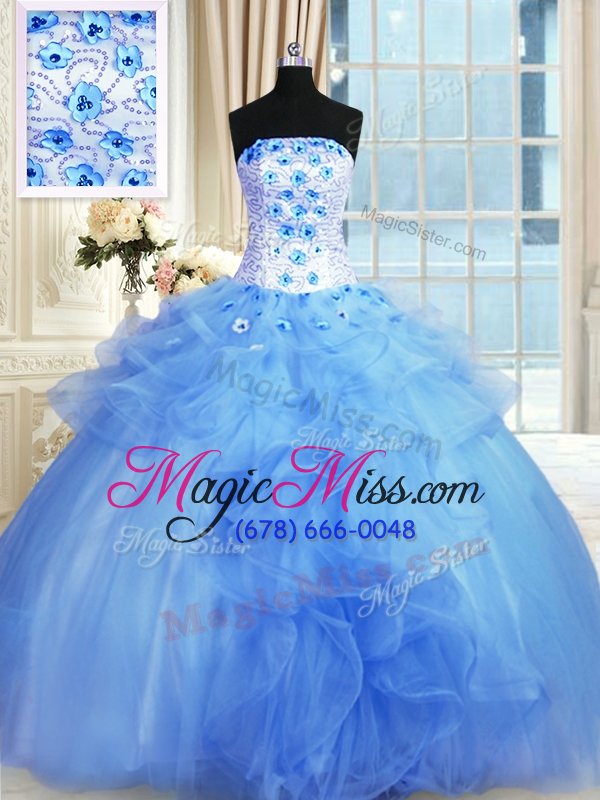 wholesale edgy blue lace up strapless pick ups and hand made flower quince ball gowns tulle sleeveless