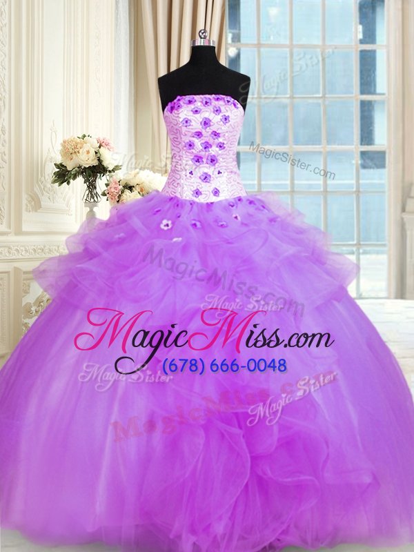 wholesale fantastic purple sleeveless pick ups and hand made flower floor length sweet 16 dress