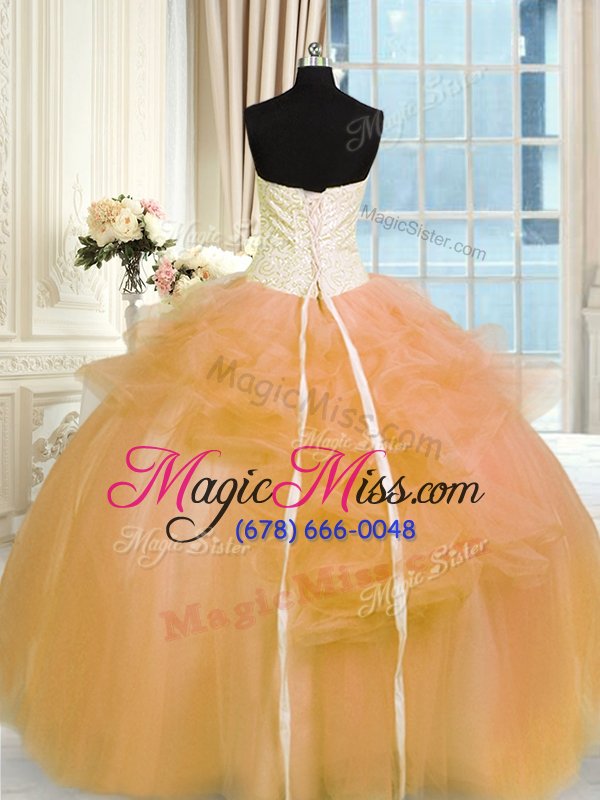 wholesale hot selling floor length lace up ball gown prom dress gold and in for military ball and sweet 16 and quinceanera with hand made flower