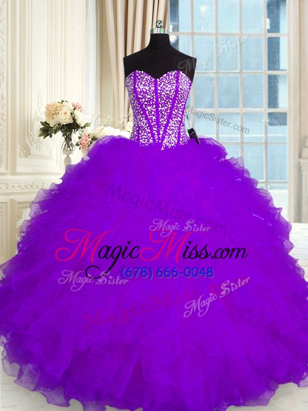wholesale glamorous purple sweetheart lace up beading and ruffles quince ball gowns sleeveless