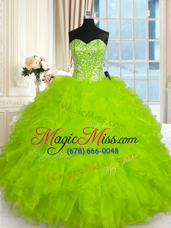 wholesale low price floor length yellow green quince ball gowns organza sleeveless beading and ruffles