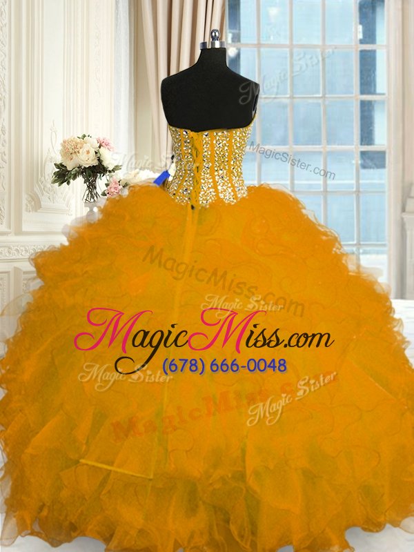 wholesale customized sleeveless lace up floor length beading and ruffles quince ball gowns