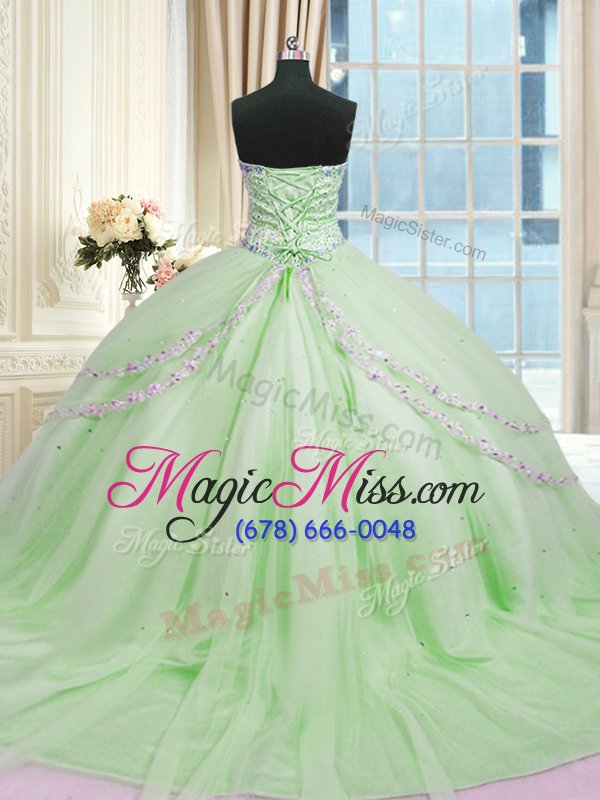 wholesale stylish sweetheart sleeveless court train lace up 15 quinceanera dress apple green tulle