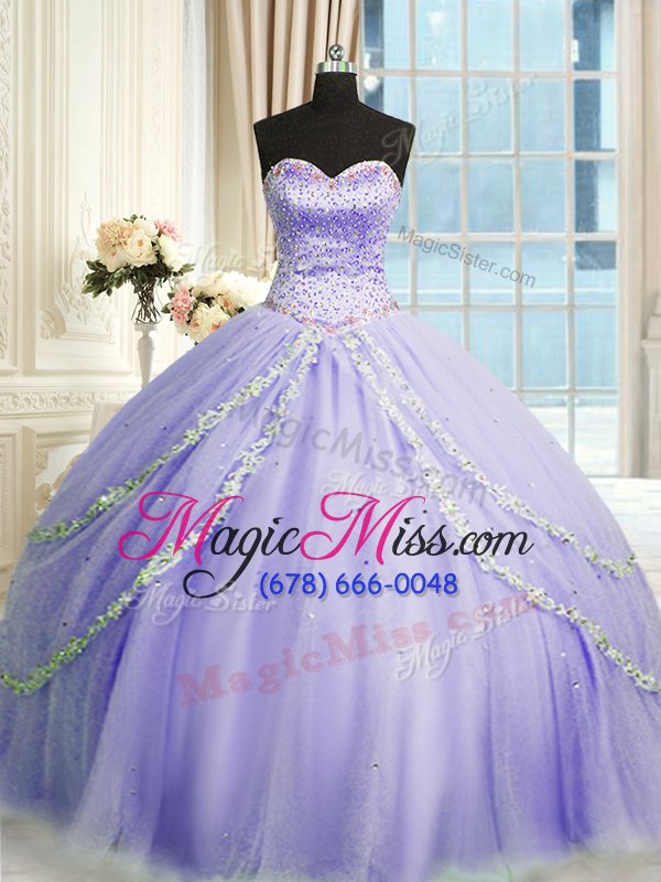 wholesale smart beading and appliques 15th birthday dress lavender lace up sleeveless with train court train