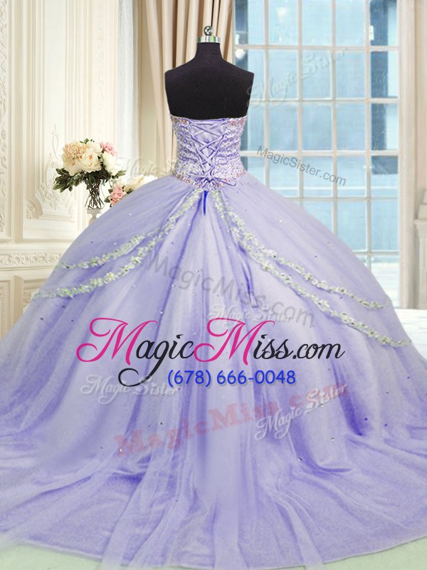 wholesale smart beading and appliques 15th birthday dress lavender lace up sleeveless with train court train