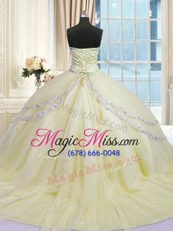 wholesale trendy light yellow sleeveless organza court train lace up vestidos de quinceanera for military ball and sweet 16 and quinceanera