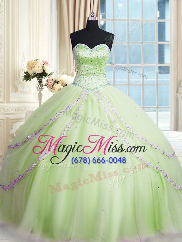 wholesale eye-catching with train yellow green sweet 16 dresses tulle court train sleeveless beading and appliques