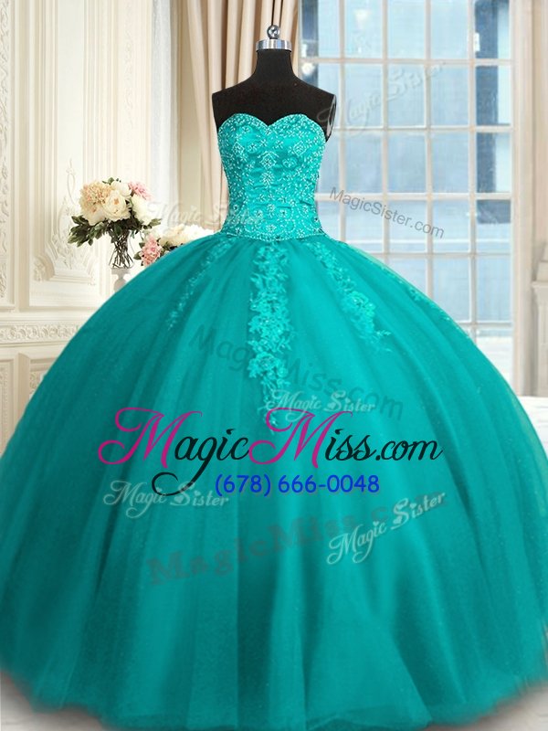 wholesale elegant tulle sweetheart sleeveless lace up appliques and embroidery quinceanera gown in teal