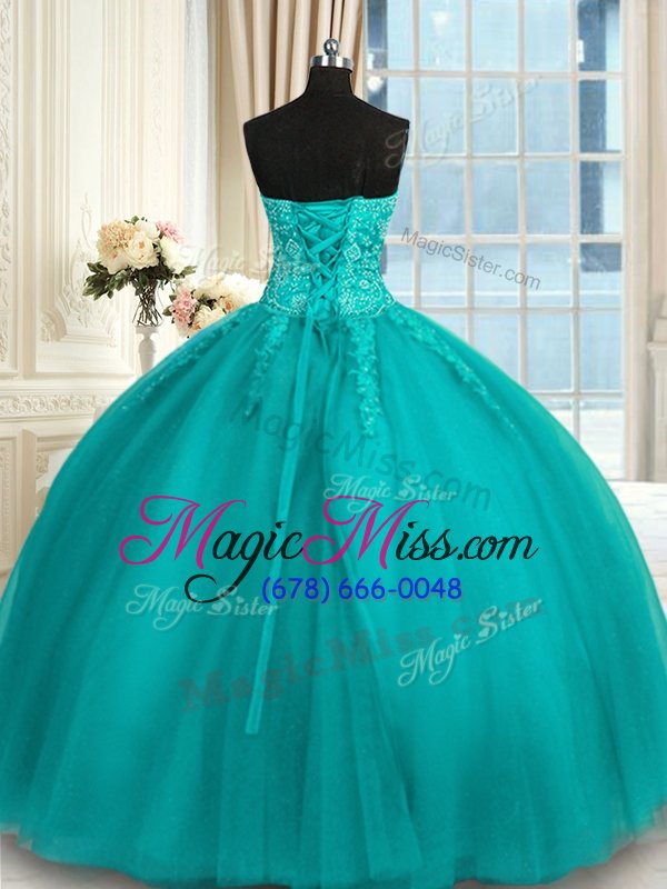 wholesale elegant tulle sweetheart sleeveless lace up appliques and embroidery quinceanera gown in teal