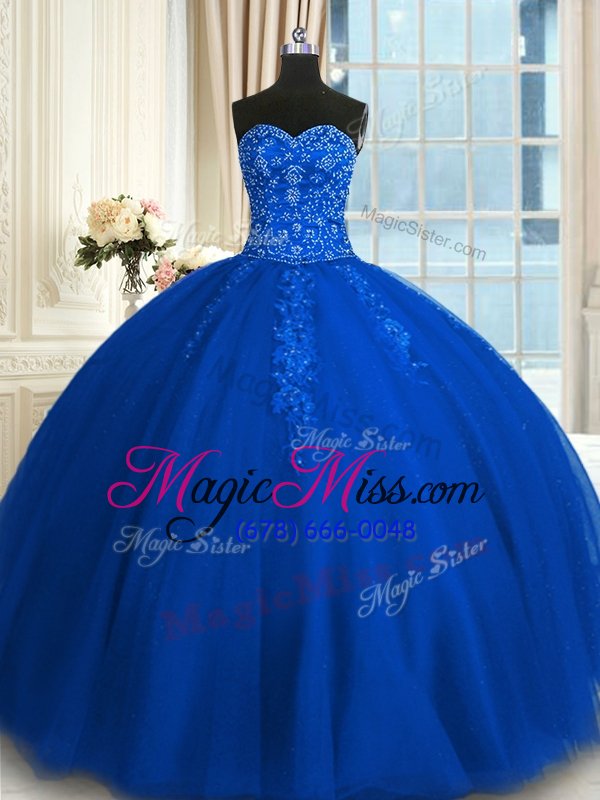 wholesale sweet blue tulle lace up quinceanera dress sleeveless floor length appliques and embroidery