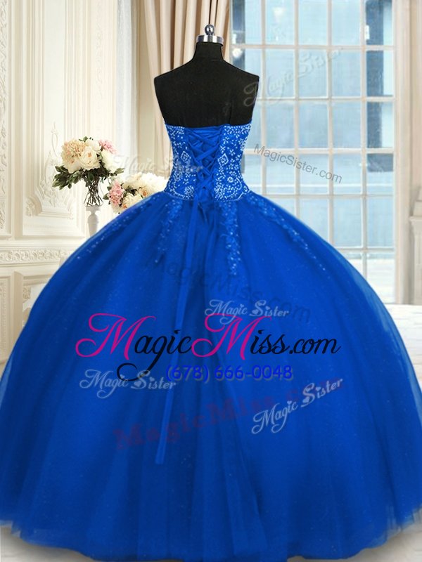 wholesale sweet blue tulle lace up quinceanera dress sleeveless floor length appliques and embroidery