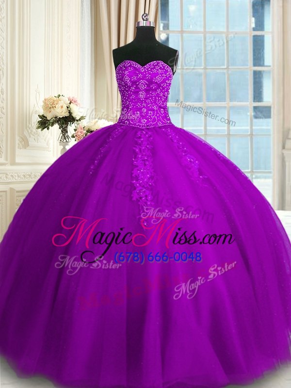 wholesale fashionable sleeveless floor length appliques and embroidery lace up quinceanera gowns with purple