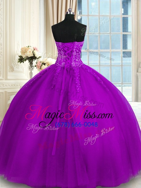 wholesale fashionable sleeveless floor length appliques and embroidery lace up quinceanera gowns with purple