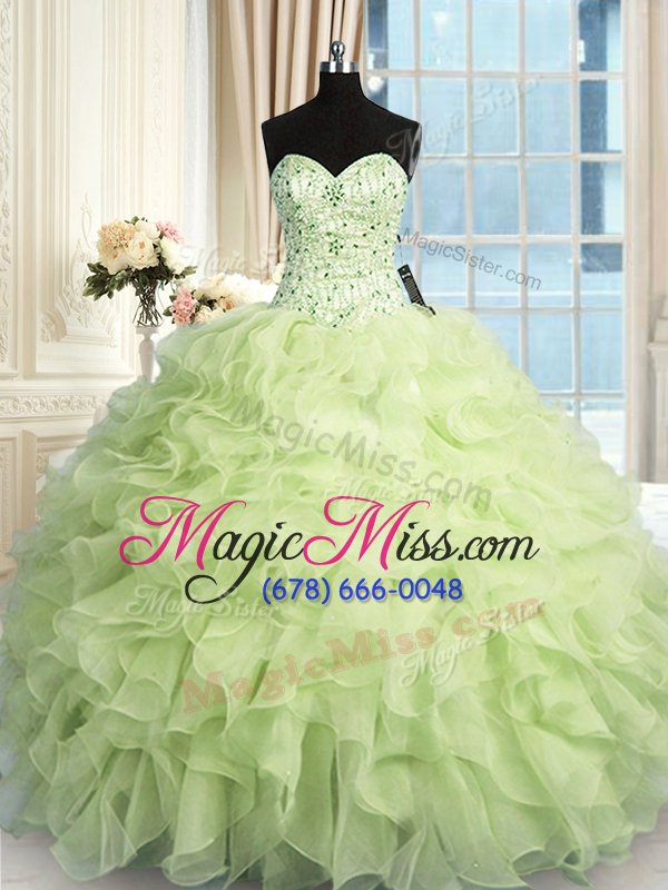 wholesale luxurious floor length yellow green ball gown prom dress organza sleeveless beading and ruffles