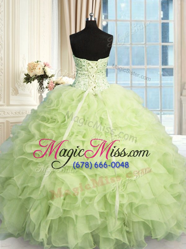 wholesale luxurious floor length yellow green ball gown prom dress organza sleeveless beading and ruffles