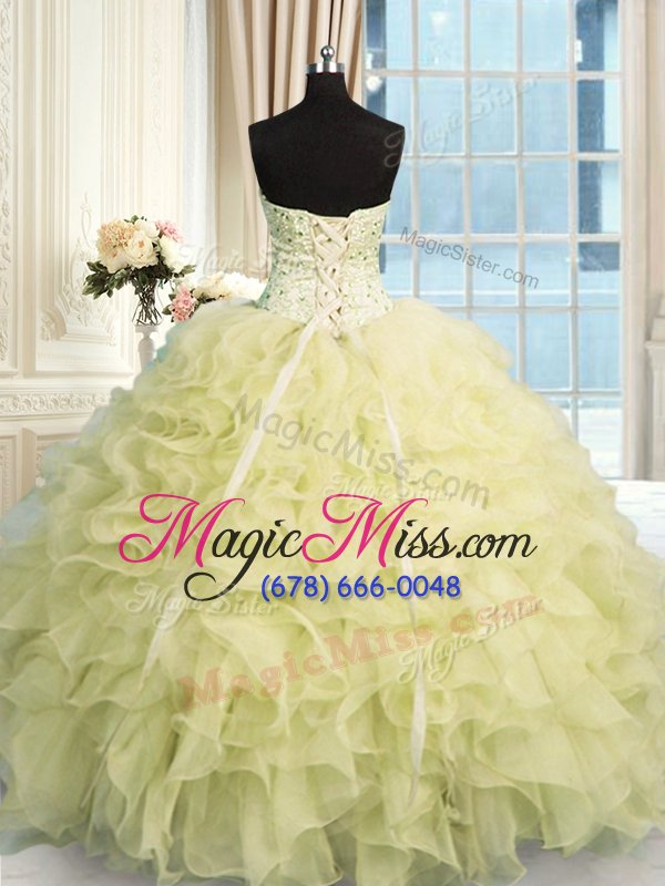wholesale inexpensive organza sweetheart sleeveless lace up beading and ruffles quinceanera gown in yellow