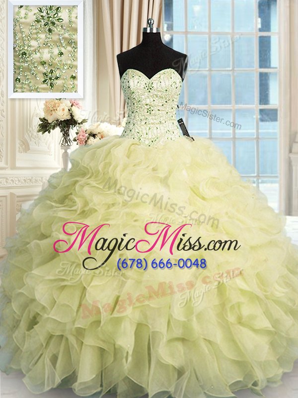wholesale inexpensive organza sweetheart sleeveless lace up beading and ruffles quinceanera gown in yellow