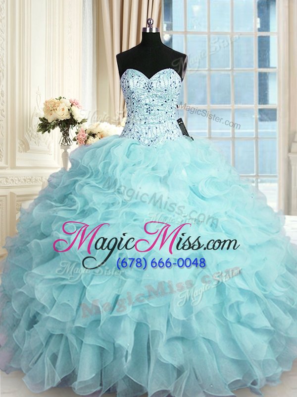 wholesale fashionable aqua blue sleeveless beading and ruffles floor length 15 quinceanera dress