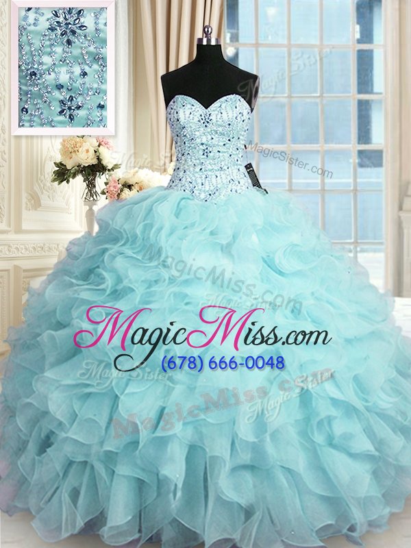 wholesale fashionable aqua blue sleeveless beading and ruffles floor length 15 quinceanera dress