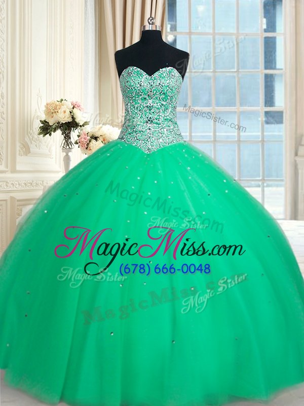 wholesale apple green ball gowns beading and sequins quinceanera dresses lace up tulle sleeveless floor length