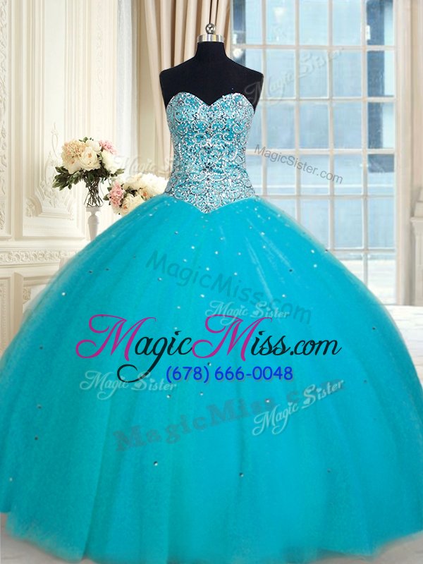 wholesale dynamic aqua blue ball gowns tulle sweetheart sleeveless beading and sequins floor length lace up quinceanera dress