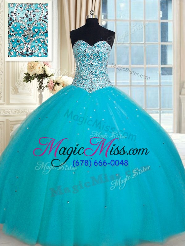 wholesale dynamic aqua blue ball gowns tulle sweetheart sleeveless beading and sequins floor length lace up quinceanera dress