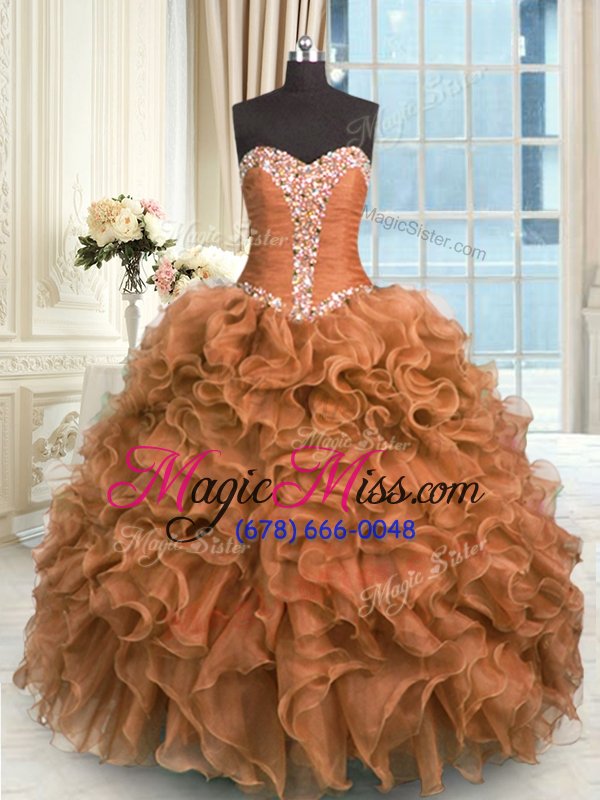 wholesale fabulous floor length lace up sweet 16 dresses brown and in for military ball and sweet 16 and quinceanera with beading and ruffles
