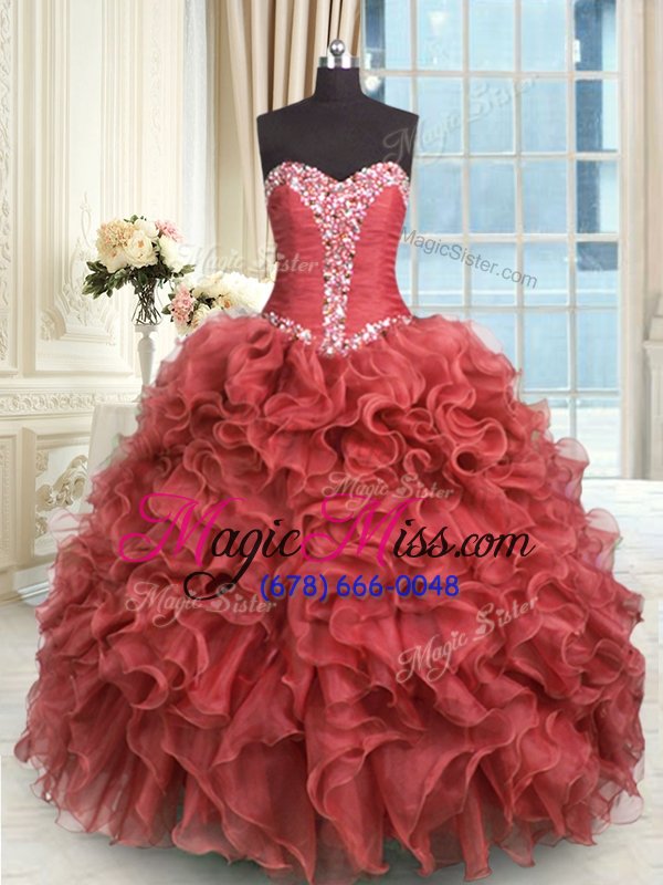 wholesale ball gowns quinceanera dress rust red sweetheart organza sleeveless floor length lace up